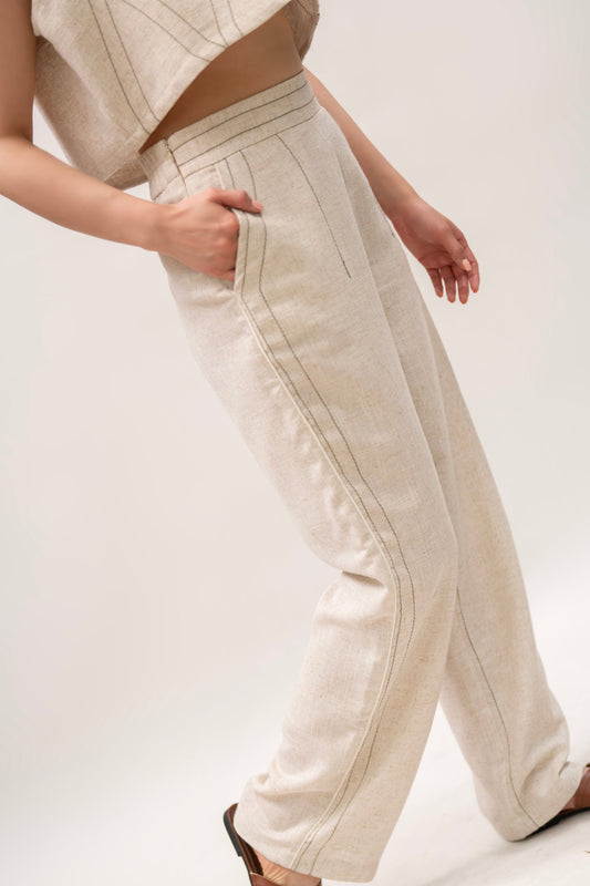 Beige Linen Straight-Leg Pants with Contrast Stitching