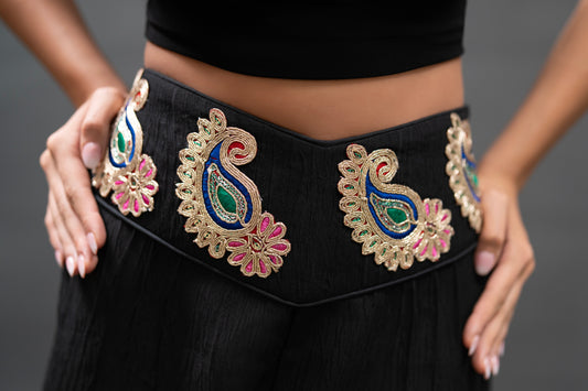 Handmade Black High-Waist Pants with Embroidered Belt