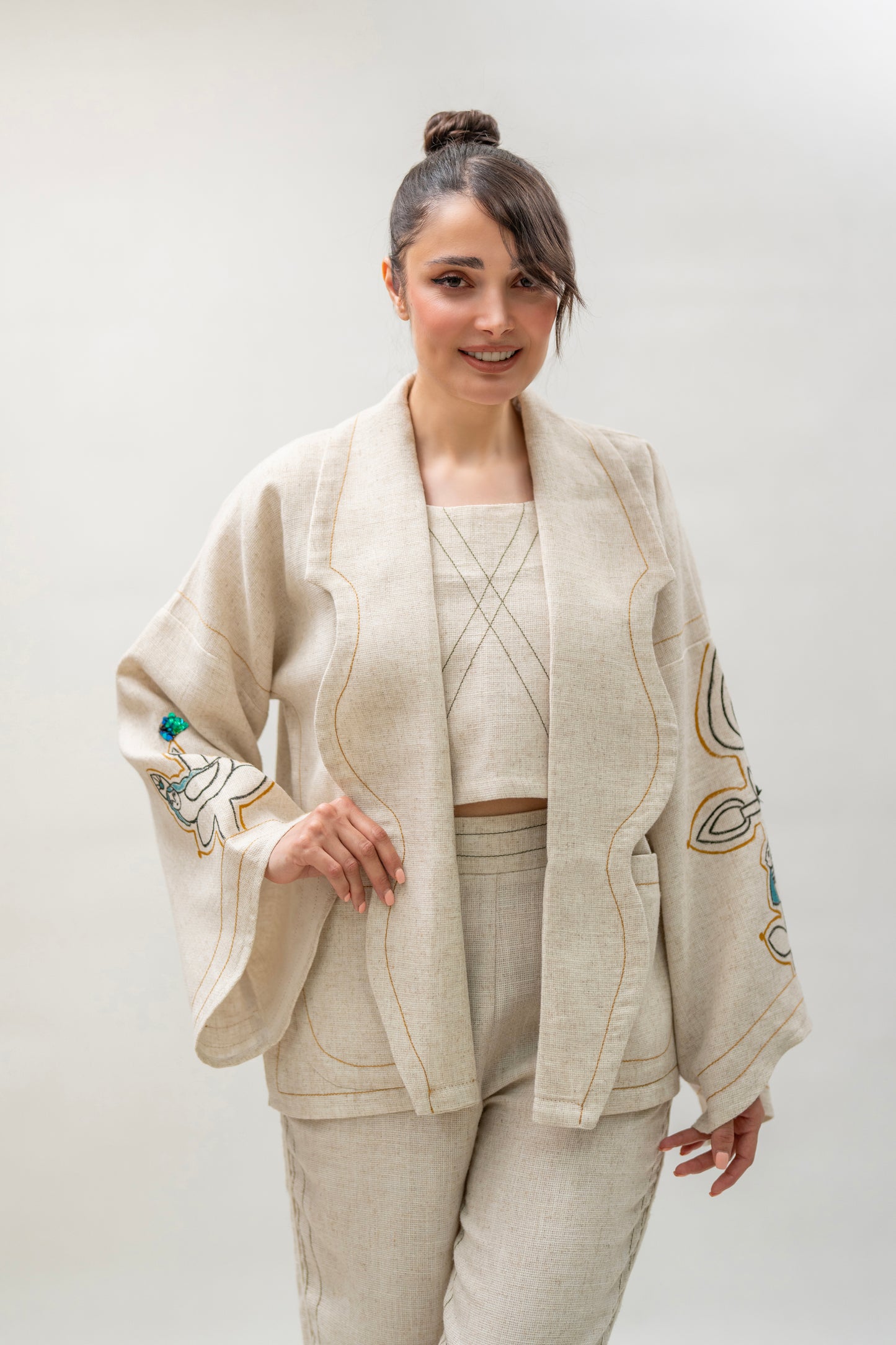 Linen Blazer & Pants Set with Hand-Painted Sleeves