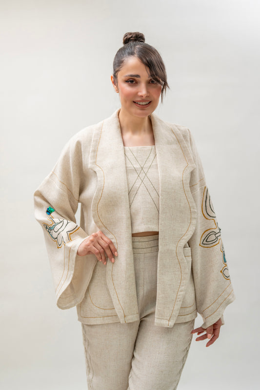 Linen Blazer & Pants Set with Hand-Painted Sleeves