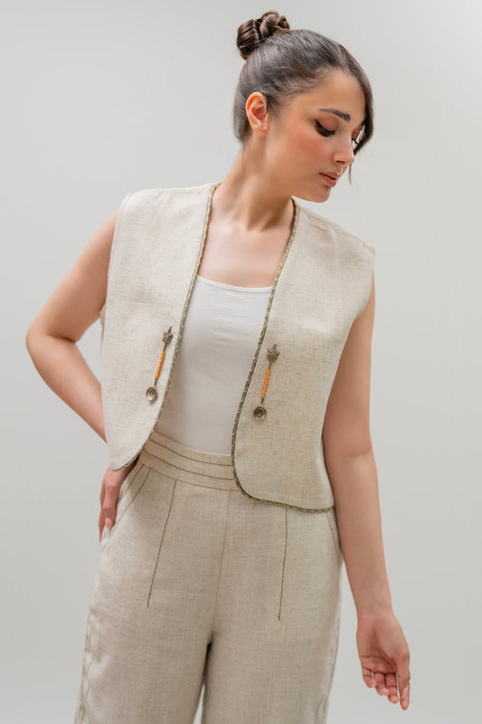 Beige Linen Vest with Antique-Inspired Metal Charms