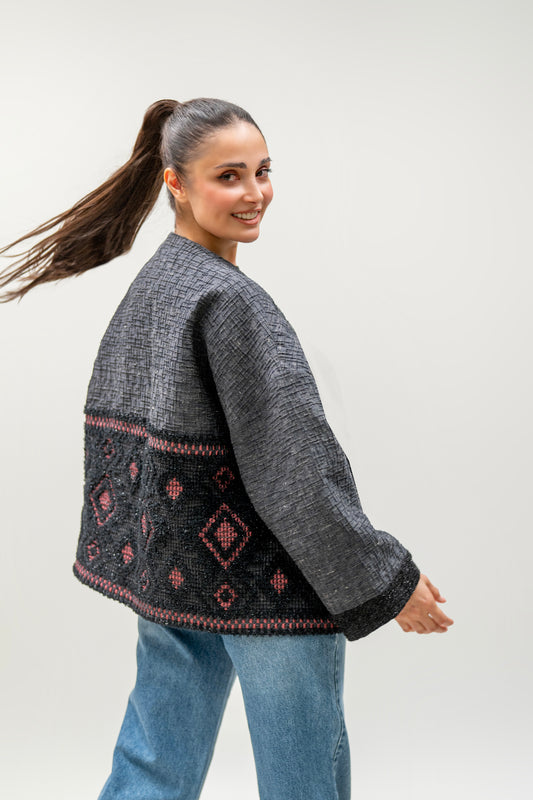 Charcoal Geometric Handwoven Jacket