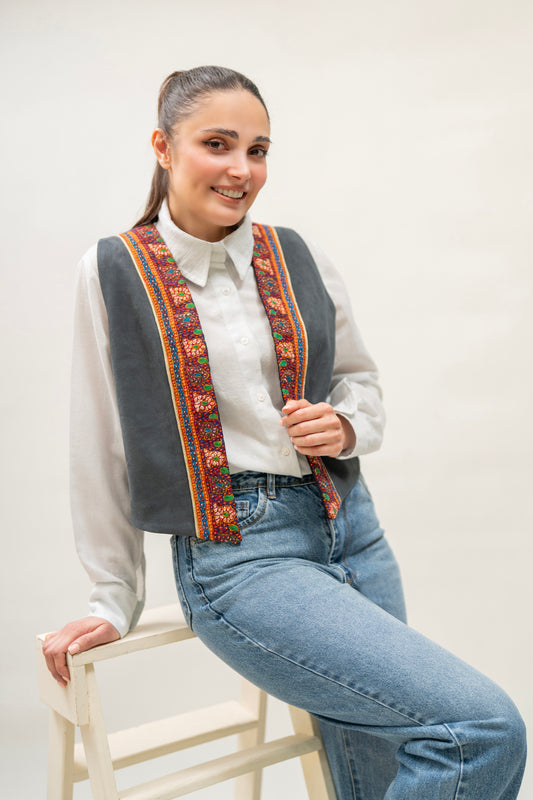 Hand-Embroidered Traditional Vest – Charcoal Gray & Multicolor Borders