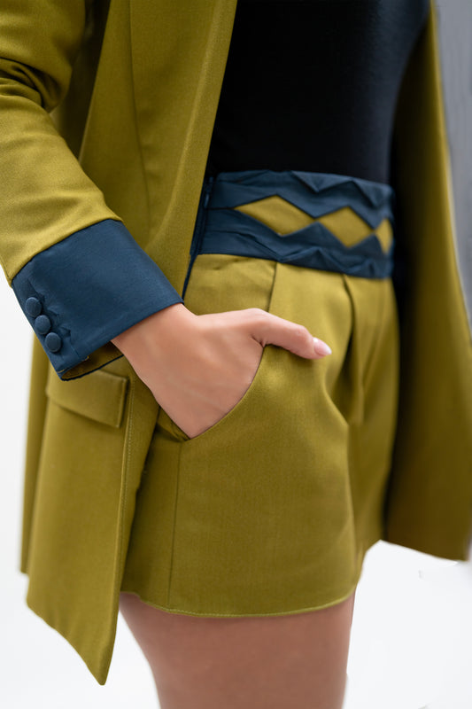 Handmade Olive Green Blazer & Shorts Set with Navy Details