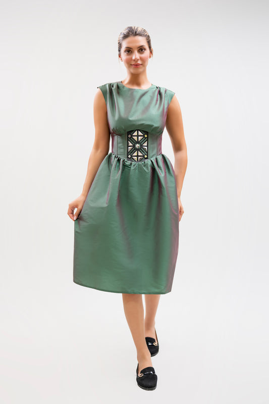 Green Midi Dress with Geometric Corset Detail – Handmade (Fits 36–40)