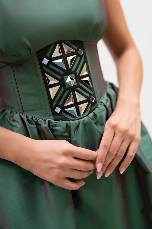 Green Midi Dress with Geometric Corset Detail – Handmade (Fits 36–40)