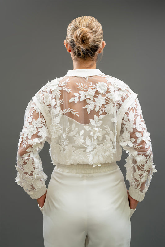 White Sheer Floral Embroidered Jacket – Handmade (Fits 36 & 38)