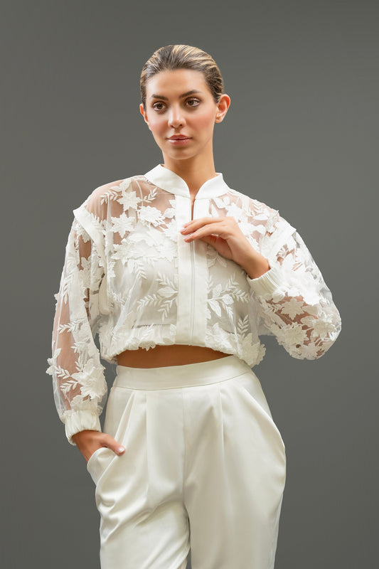 White Sheer Floral Embroidered Jacket – Handmade (Fits 36 & 38)
