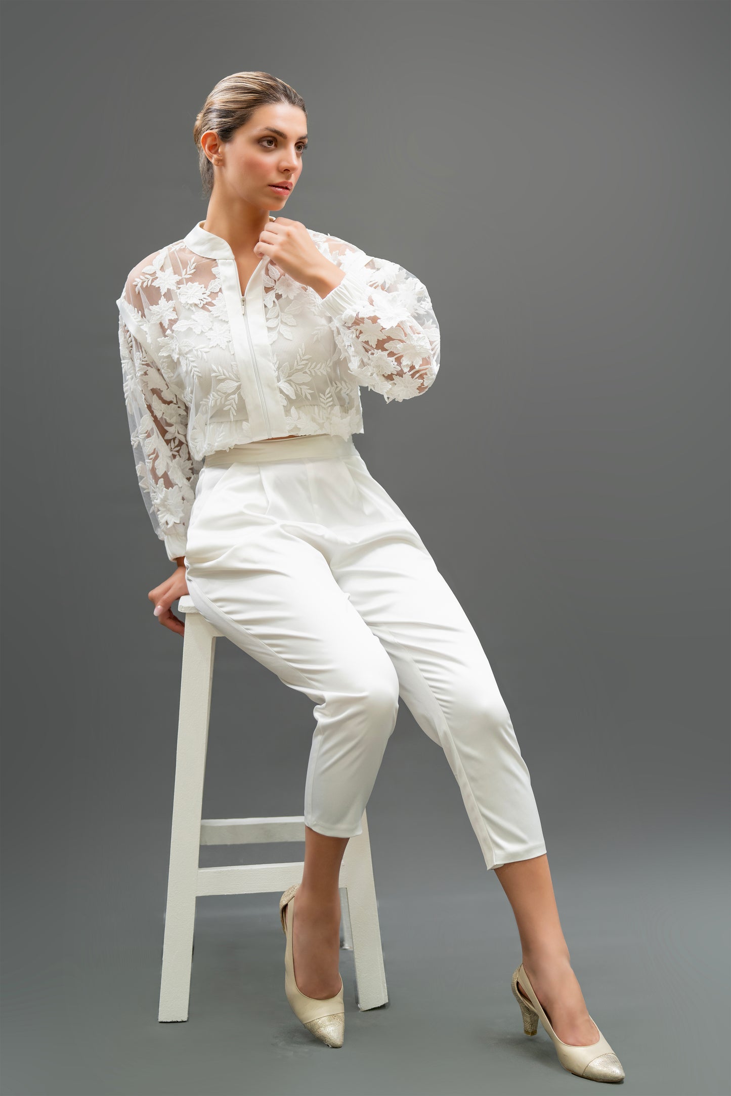 White Sheer Floral Embroidered Jacket – Handmade (Fits 36 & 38)