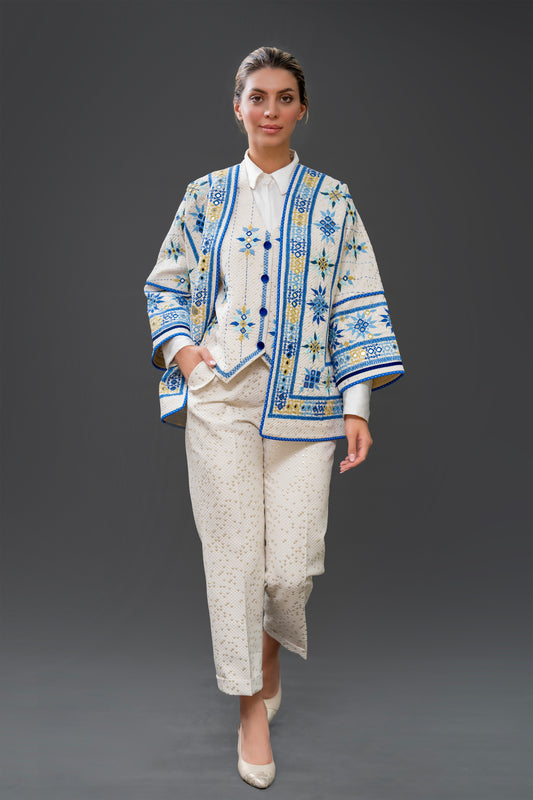 White & Blue Embroidered Three-Piece Set